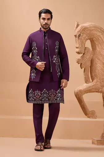Purple viscose silk premium thread with sequins embroidered work wedding festival party wear straight kurta with jacket