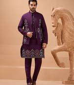 Purple viscose silk premium thread with sequins embroidered work wedding festival party wear straight kurta with jacket