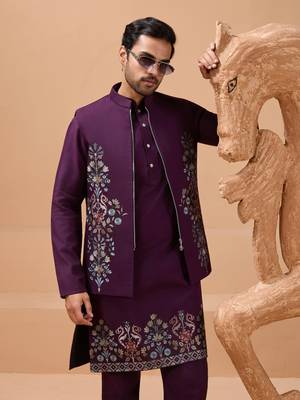 PURPLE VISCOSE SILK PREMIUM THREAD WITH SEQUINS EMBROIDERED WORK WEDDING FESTIVAL PARTY WEAR STRAIGHT KURTA WITH JACKET 3