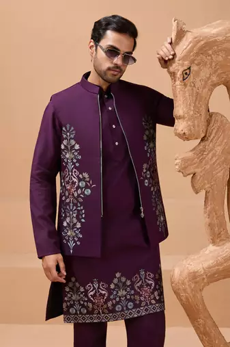 PURPLE VISCOSE SILK PREMIUM THREAD WITH SEQUINS EMBROIDERED WORK WEDDING FESTIVAL PARTY WEAR STRAIGHT KURTA WITH JACKET