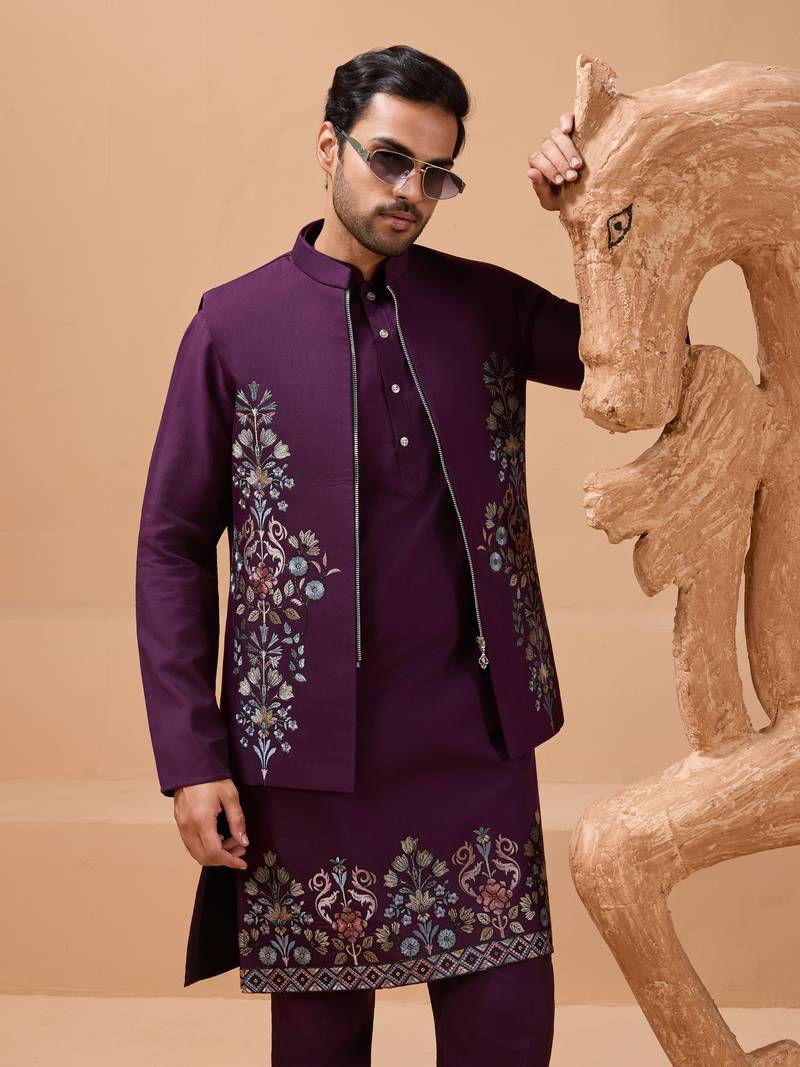Purple viscose silk premium thread with sequins embroidered work wedding festival party wear straight kurta with jacket
