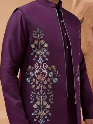 PURPLE VISCOSE SILK PREMIUM THREAD WITH SEQUINS EMBROIDERED WORK WEDDING FESTIVAL PARTY WEAR STRAIGHT KURTA WITH JACKET 4