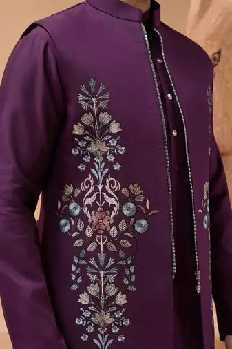 PURPLE VISCOSE SILK PREMIUM THREAD WITH SEQUINS EMBROIDERED WORK WEDDING FESTIVAL PARTY WEAR STRAIGHT KURTA WITH JACKET