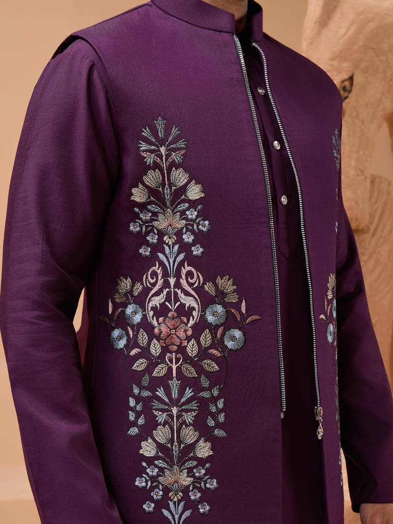 Purple viscose silk premium thread with sequins embroidered work wedding festival party wear straight kurta with jacket