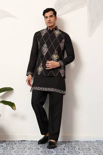Black art silk premium thread with sequins embroidered work wedding festival party wear straight kurta with jacket