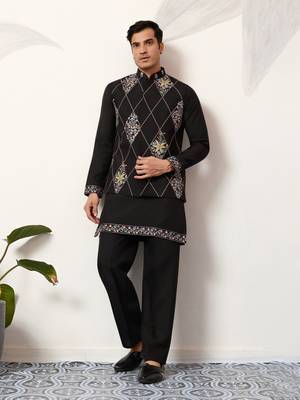 BLACK ART SILK PREMIUM THREAD WITH SEQUINS EMBROIDERED WORK WEDDING FESTIVAL PARTY WEAR STRAIGHT KURTA WITH JACKET 1