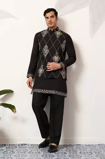 Black art silk premium thread with sequins embroidered work wedding festival party wear straight kurta with jacket