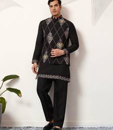 BLACK ART SILK PREMIUM THREAD WITH SEQUINS EMBROIDERED WORK WEDDING FESTIVAL PARTY WEAR STRAIGHT KURTA WITH JACKET