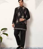 Black art silk premium thread with sequins embroidered work wedding festival party wear straight kurta with jacket