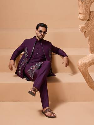 PURPLE VISCOSE SILK PREMIUM THREAD WITH SEQUINS EMBROIDERED WORK WEDDING FESTIVAL PARTY WEAR STRAIGHT KURTA WITH JACKET 5
