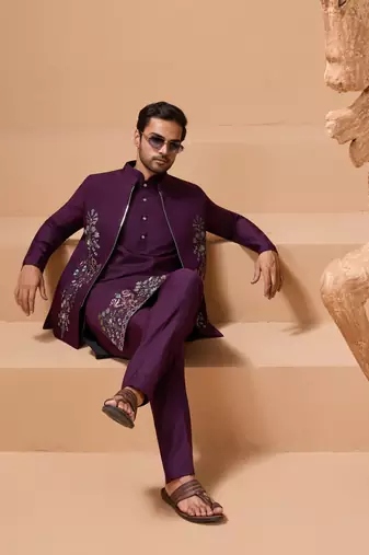 PURPLE VISCOSE SILK PREMIUM THREAD WITH SEQUINS EMBROIDERED WORK WEDDING FESTIVAL PARTY WEAR STRAIGHT KURTA WITH JACKET