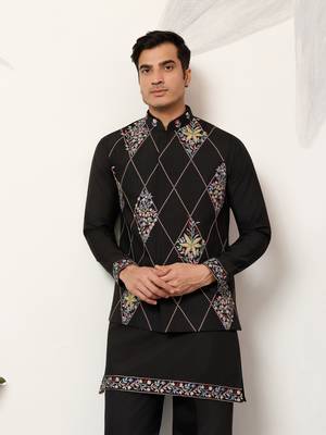 BLACK ART SILK PREMIUM THREAD WITH SEQUINS EMBROIDERED WORK WEDDING FESTIVAL PARTY WEAR STRAIGHT KURTA WITH JACKET 2