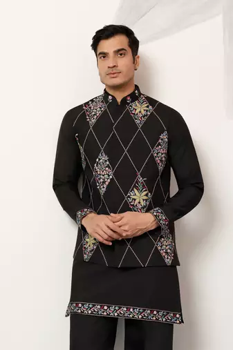 BLACK ART SILK PREMIUM THREAD WITH SEQUINS EMBROIDERED WORK WEDDING FESTIVAL PARTY WEAR STRAIGHT KURTA WITH JACKET