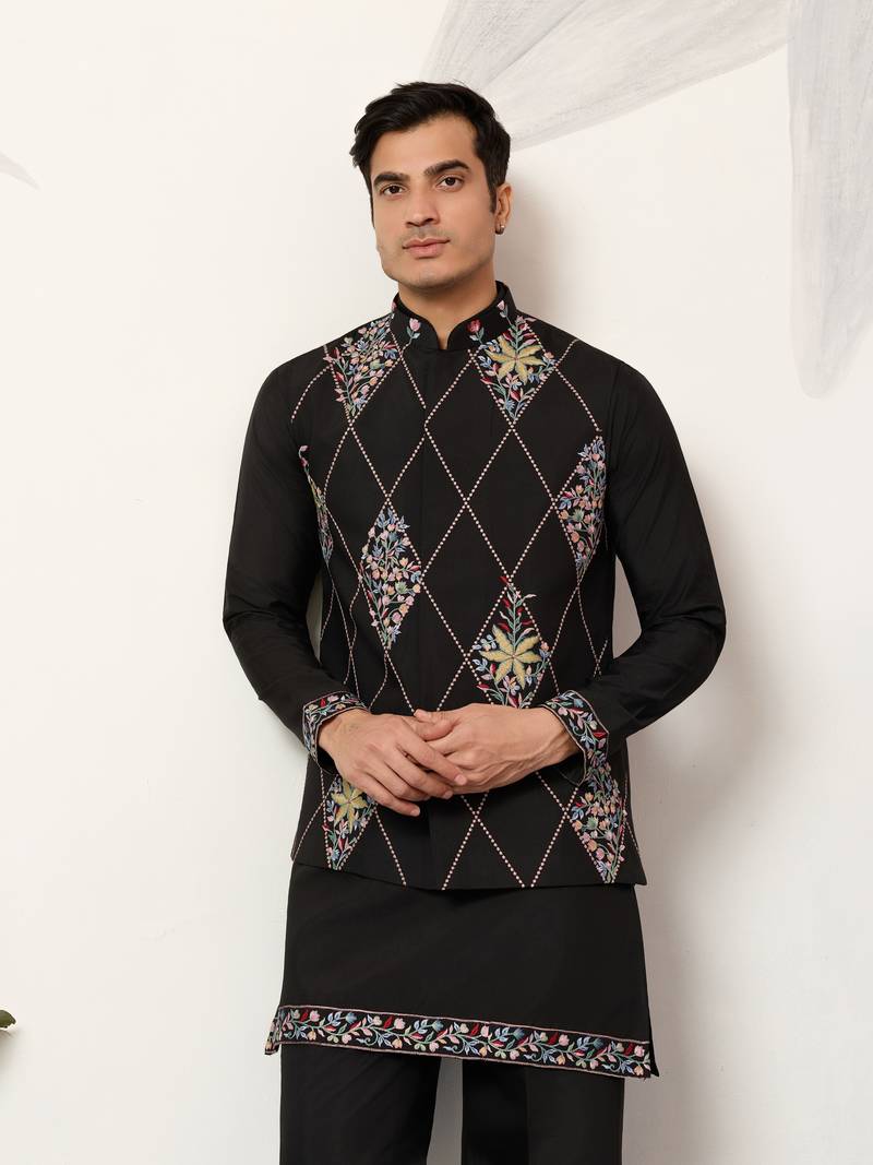 Black art silk premium thread with sequins embroidered work wedding festival party wear straight kurta with jacket