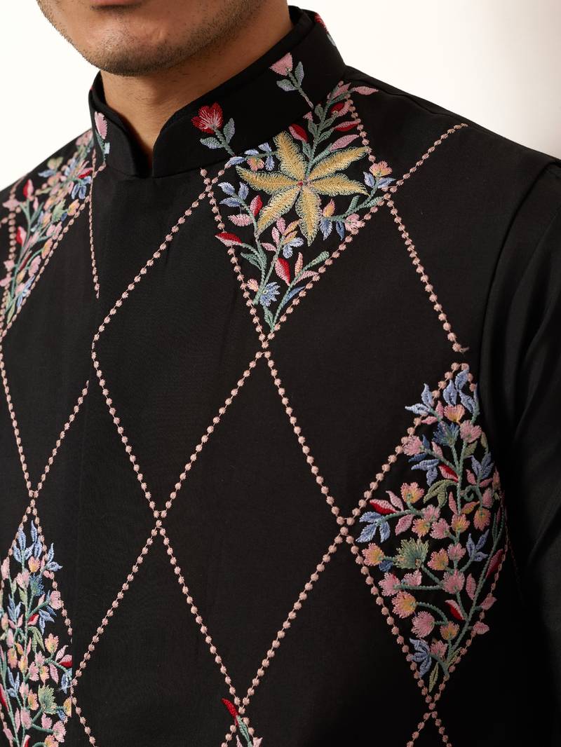 Black art silk premium thread with sequins embroidered work wedding festival party wear straight kurta with jacket