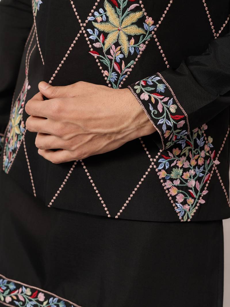 Black art silk premium thread with sequins embroidered work wedding festival party wear straight kurta with jacket