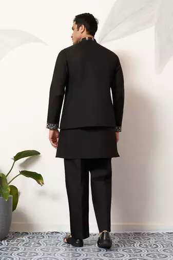 BLACK ART SILK PREMIUM THREAD WITH SEQUINS EMBROIDERED WORK WEDDING FESTIVAL PARTY WEAR STRAIGHT KURTA WITH JACKET