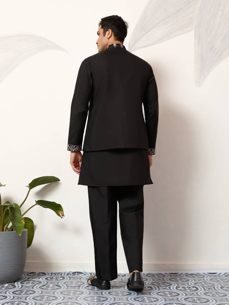 Black art silk premium thread with sequins embroidered work wedding festival party wear straight kurta with jacket