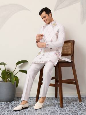 WHITE ART SILK PREMIUM THREAD WITH SEQUINS EMBROIDERED WORK WEDDING FESTIVAL PARTY WEAR STRAIGHT KURTA WITH JACKET 1
