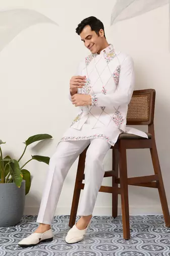 White art silk premium thread with sequins embroidered work wedding festival party wear straight kurta with jacket