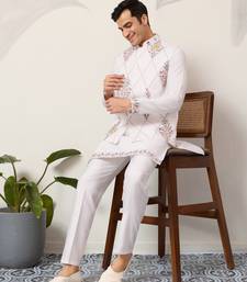 WHITE ART SILK PREMIUM THREAD WITH SEQUINS EMBROIDERED WORK WEDDING FESTIVAL PARTY WEAR STRAIGHT KURTA WITH JACKET