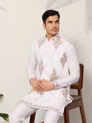 WHITE ART SILK PREMIUM THREAD WITH SEQUINS EMBROIDERED WORK WEDDING FESTIVAL PARTY WEAR STRAIGHT KURTA WITH JACKET 2