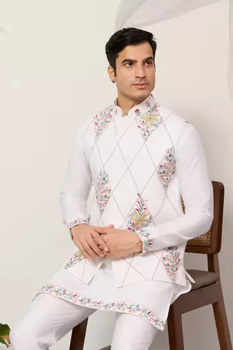 WHITE ART SILK PREMIUM THREAD WITH SEQUINS EMBROIDERED WORK WEDDING FESTIVAL PARTY WEAR STRAIGHT KURTA WITH JACKET