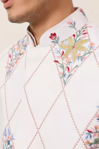 WHITE ART SILK PREMIUM THREAD WITH SEQUINS EMBROIDERED WORK WEDDING FESTIVAL PARTY WEAR STRAIGHT KURTA WITH JACKET