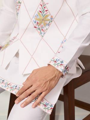 WHITE ART SILK PREMIUM THREAD WITH SEQUINS EMBROIDERED WORK WEDDING FESTIVAL PARTY WEAR STRAIGHT KURTA WITH JACKET 4