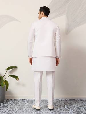 WHITE ART SILK PREMIUM THREAD WITH SEQUINS EMBROIDERED WORK WEDDING FESTIVAL PARTY WEAR STRAIGHT KURTA WITH JACKET 5