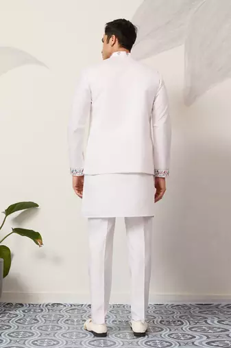 WHITE ART SILK PREMIUM THREAD WITH SEQUINS EMBROIDERED WORK WEDDING FESTIVAL PARTY WEAR STRAIGHT KURTA WITH JACKET