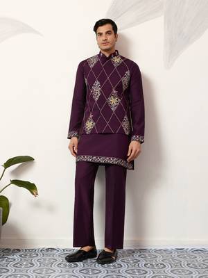 PURPLE ART SILK PREMIUM THREAD WITH SEQUINS EMBROIDERED WORK WEDDING FESTIVAL PARTY WEAR STRAIGHT KURTA WITH JACKET 1