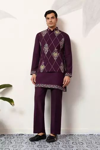 Purple art silk premium thread with sequins embroidered work wedding festival party wear straight kurta with jacket
