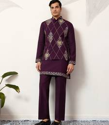 PURPLE ART SILK PREMIUM THREAD WITH SEQUINS EMBROIDERED WORK WEDDING FESTIVAL PARTY WEAR STRAIGHT KURTA WITH JACKET