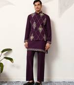 Purple art silk premium thread with sequins embroidered work wedding festival party wear straight kurta with jacket