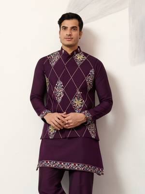 PURPLE ART SILK PREMIUM THREAD WITH SEQUINS EMBROIDERED WORK WEDDING FESTIVAL PARTY WEAR STRAIGHT KURTA WITH JACKET 2