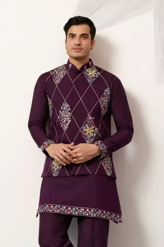 PURPLE ART SILK PREMIUM THREAD WITH SEQUINS EMBROIDERED WORK WEDDING FESTIVAL PARTY WEAR STRAIGHT KURTA WITH JACKET