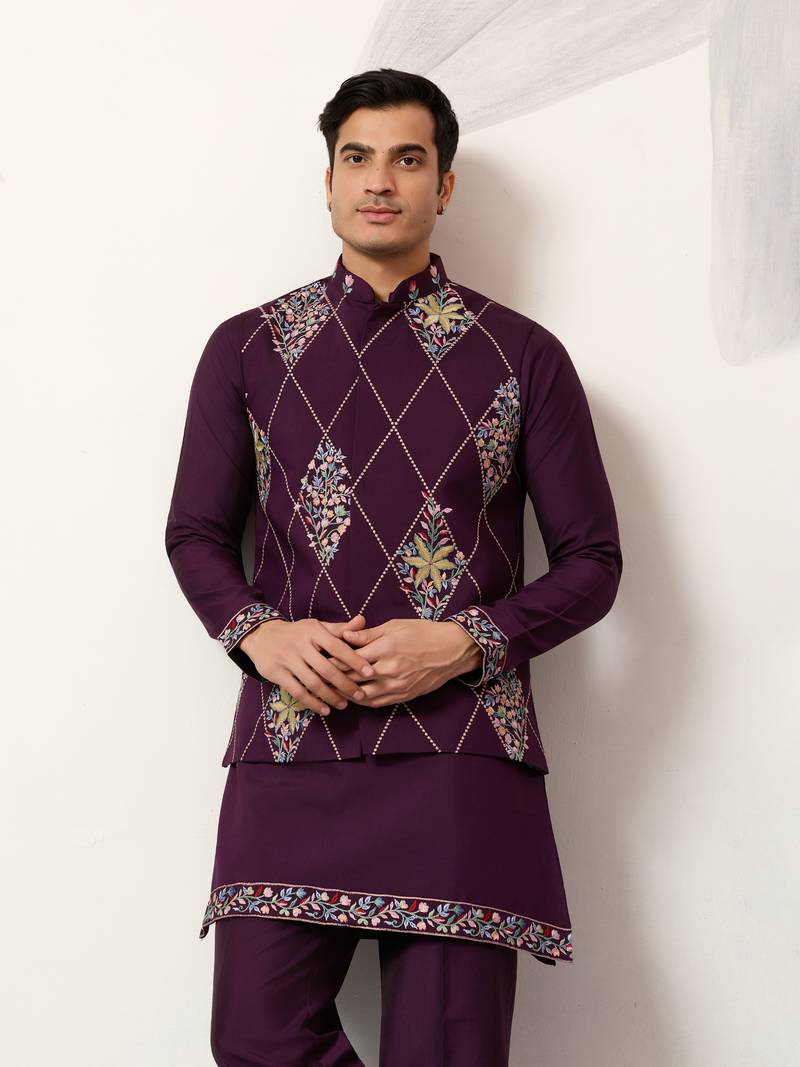 Purple art silk premium thread with sequins embroidered work wedding festival party wear straight kurta with jacket