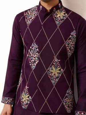 PURPLE ART SILK PREMIUM THREAD WITH SEQUINS EMBROIDERED WORK WEDDING FESTIVAL PARTY WEAR STRAIGHT KURTA WITH JACKET 3
