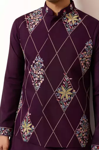 PURPLE ART SILK PREMIUM THREAD WITH SEQUINS EMBROIDERED WORK WEDDING FESTIVAL PARTY WEAR STRAIGHT KURTA WITH JACKET