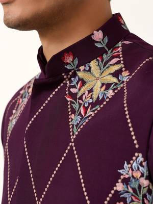 PURPLE ART SILK PREMIUM THREAD WITH SEQUINS EMBROIDERED WORK WEDDING FESTIVAL PARTY WEAR STRAIGHT KURTA WITH JACKET 4