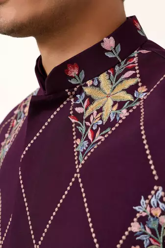 PURPLE ART SILK PREMIUM THREAD WITH SEQUINS EMBROIDERED WORK WEDDING FESTIVAL PARTY WEAR STRAIGHT KURTA WITH JACKET