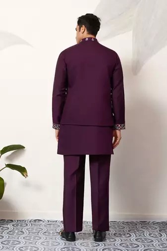 PURPLE ART SILK PREMIUM THREAD WITH SEQUINS EMBROIDERED WORK WEDDING FESTIVAL PARTY WEAR STRAIGHT KURTA WITH JACKET