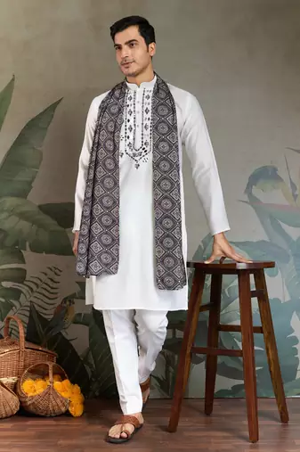 White pure viscose real mirror with jari weaving work wedding festival party wear straight kurta with dupatta