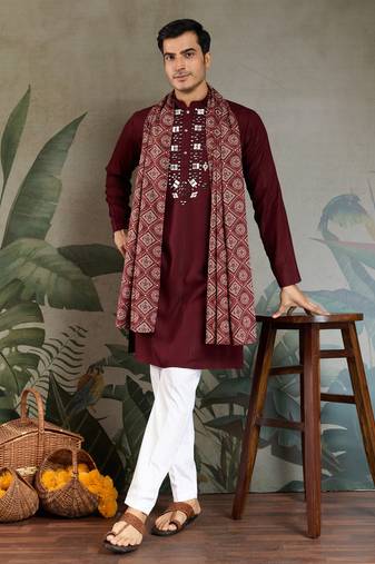 Maroon pure viscose real mirror with jari weaving work wedding festival party wear straight kurta with dupatta