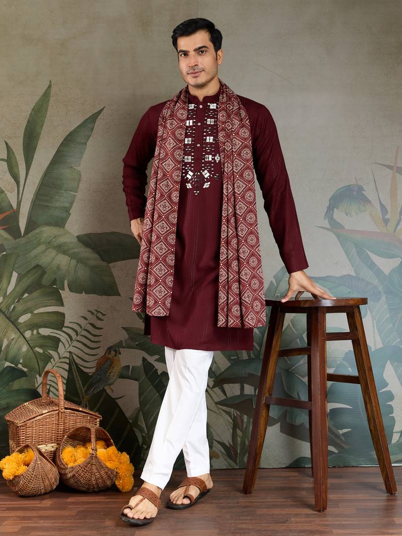 Maroon pure viscose real mirror with jari weaving work wedding festival party wear straight kurta with dupatta