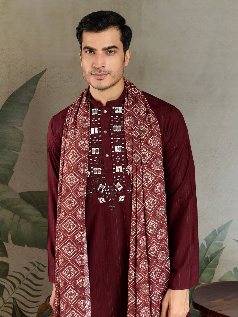 Maroon pure viscose real mirror with jari weaving work wedding festival party wear straight kurta with dupatta
