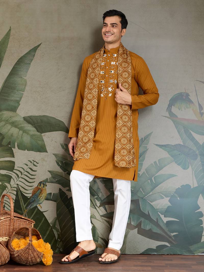 Mustard pure viscose real mirror with jari weaving work wedding festival party wear straight kurta with dupatta