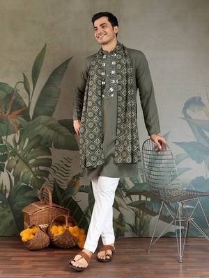 Olive green pure viscose real mirror with jari weaving work wedding festival party wear straight kurta with dupatta 1