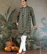 Olive green pure viscose real mirror with jari weaving work wedding festival party wear straight kurta with dupatta